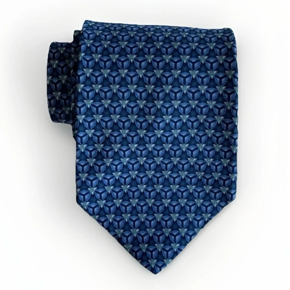 Oscar de‎ la Renta 100% Silk Designer Tie Blue Geometric Retro Luxury Necktie